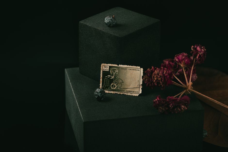Collection of vintage leather books, fountain pen, and antique statues representing dark academia aesthetic