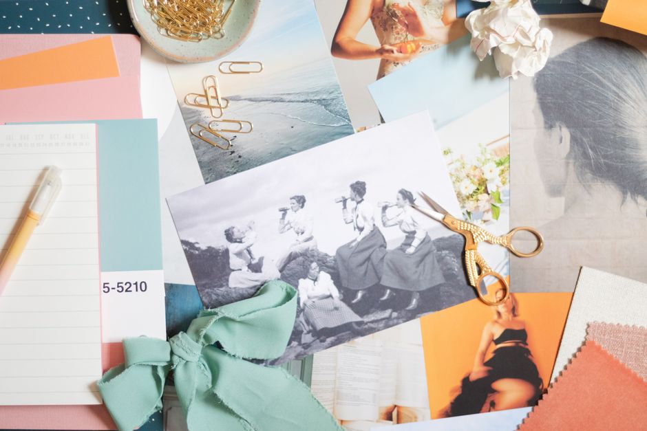 Creative moodboard featuring bold typography, neon street signs, and digital username mockups