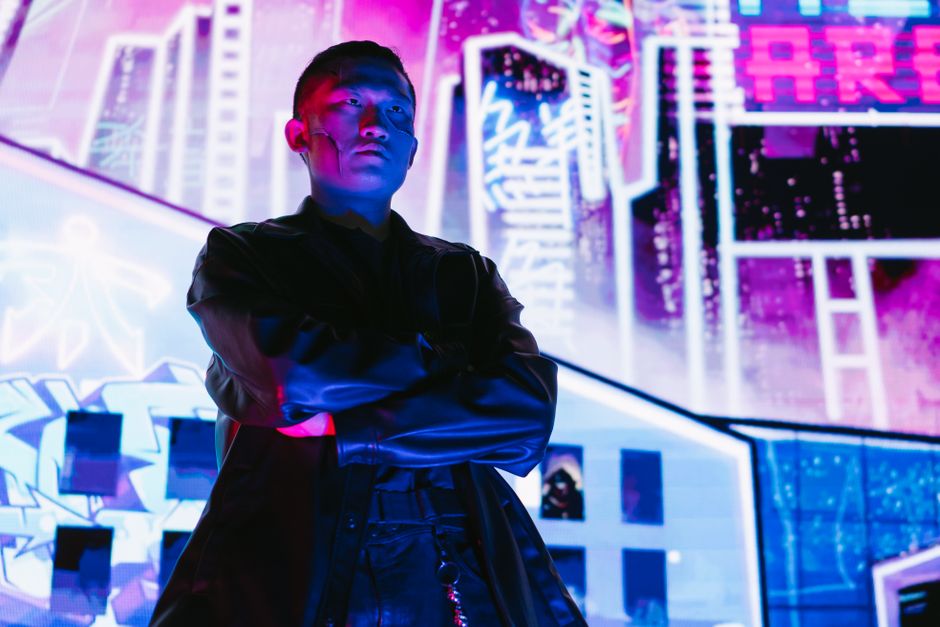 Neon-lit cyberpunk gaming setup showcasing bold and edgy streaming handles
